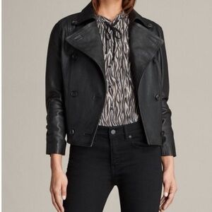 All Saints double breasted black leather jacket sz 4